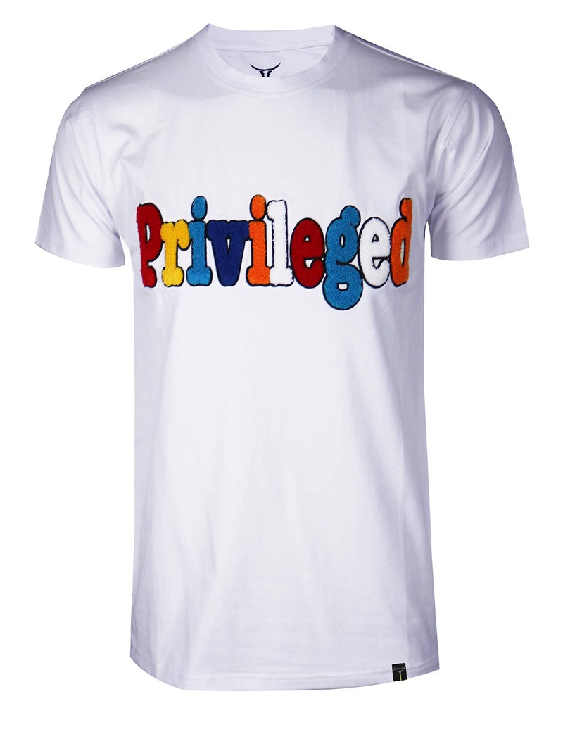 SCREENSHOTBRAND-S11942 Mens Hip-Hop Fashion Premium Tee Privileged Chenille Patch Applique T-Shirt-White-Medium - Image 1